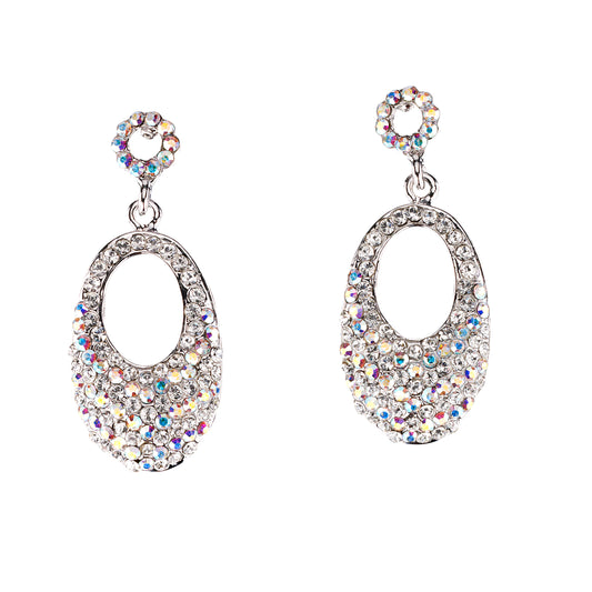 Oval Crystal Drop Earrings with AB & White Diamond Swarovski Crystal & Rhodium Plated, 47mm drop