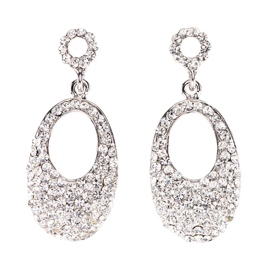 Oval Crystal Drop Earrings with Clear Swarovski Crystal & Rhodium Plated, 47mm drop