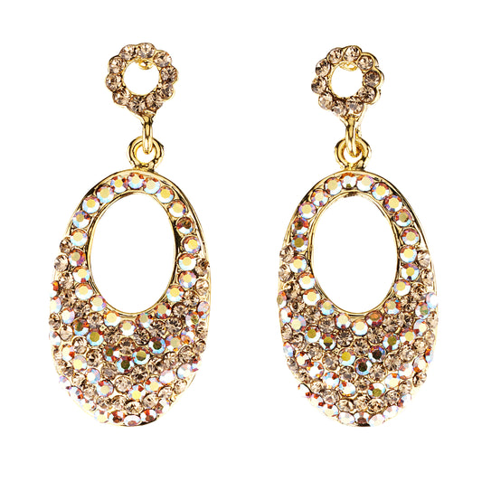 Oval Crystal Drop Earrings with AB Topaz & Topaz Swarovski Crystal & Rhodium Plated, 47mm drop