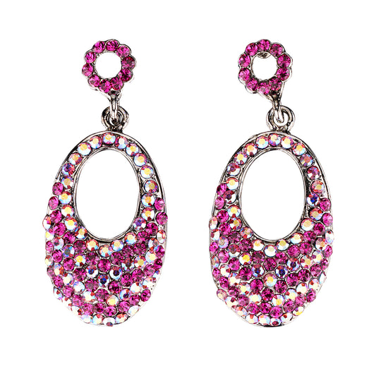 Oval Crystal Drop Earrings with AB Fuchsia & Fuchsia Pink Swarovski Crystal & Rhodium Plated, 47mm drop